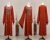 Gaun Muslim Satin Premium Berhias Kristal Butik, Kaftan Elegan Butik Dubai untuk Wanita