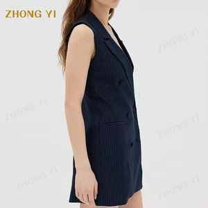 Groothandel Vrouwen Streep Ponte Mouwloze V-Hals Blazer Jurk Kraag Hals Piek Revers Double Breasted Knoopsluiting Pak - Product Image 4