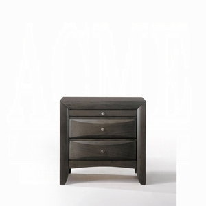 Comodino con finitura in rovere grigio, due cassetti e vassoio estraibile, mobile in legno per camera da letto - Product Image 3