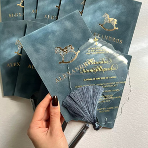 Carte d'invitation de baptême de luxe en acrylique avec enveloppe en velours et pompon, invitation de baptême personnalisée avec dorure à chaud - Product Image 1