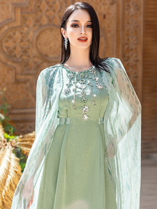 Vestido Largo <span class=keywords><strong>Verde</strong></span> Menta con Adornos Aplicados a Mano, Moda Modesta OEM/ODM, Textura Lujosa con Cristales, Alta Calidad, para Eid - Product Image 4