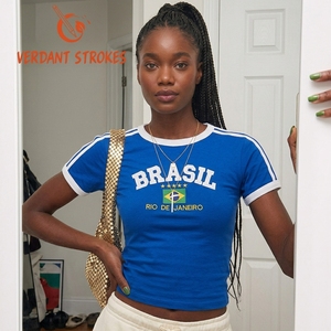 Traques vertes. Crop Top <span class=keywords><strong>Femme</strong></span> 2026 Y2k Jersey Football Baby Tee <span class=keywords><strong>Brésil</strong></span> Y2k Shirts T-shirts graphiques pour femmes Broderie à sequins - Product Image 1