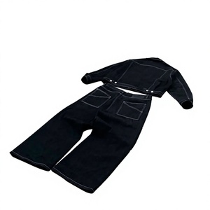 Men's Denim Jacket And <b>Pants</b> Set Oversized Loose Fit Full Length Solid Color Turn-<b>down</b> Collar Button Fly Casual Style - Product Image 4