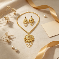 Parure de bijoux plaqué or 24 carats avec pendentif filigrané, collier à pampilles ajourées et boucles d'oreilles pour femme, bijoux de mariée arabes de Dubaï