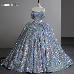 Silver Sequin Court Train Ball Gown Off the Shoulder Princess Evening Dresses Sfy23 - Product Image 1