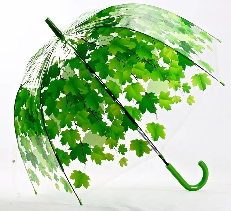 Penjualan terlaris 23 inci beberapa warna PVC otomatis daun Maple dicetak transparan kubah payung