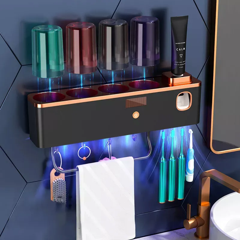 Organizador de accesorios para baño, soporte para cepillo de dientes UV montado en la pared, dispensador automático de pasta de dientes