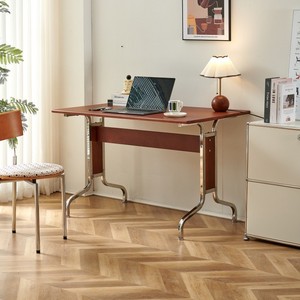Escritorio de Madera Maciza Negra Estilo <span class=keywords><strong>Bauhaus</strong></span> de Mediados de Siglo |   Mesa Larga Retro con Patas de Acero Inoxidable, Escritorio de Computadora de Oficina Moderno y Minimalista - Product Image 1