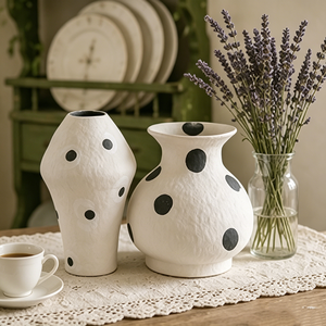 Textured White Black Polka Dot Ceramic Vase Set Irregular Asymmetrical <strong>Cottage</strong> Style Table Decor Vase - Product Image 2