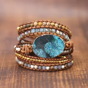 Bohemian Handmade Huge Ocean Regalite Stone Bracelet Multilayer Leather Wrap Natural Stone Bead Bracelet