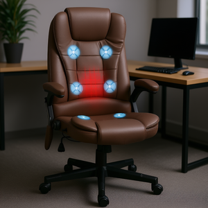 Chaise de bureau à dossier haut en cuir PU, chauffante, avec massage, accoudoirs réglables, pivotante, avec appui-tête, couleur café - Product Image 2