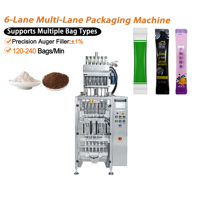 Machine d'emballage automatique de poudre à 6 voies, 120-240 BPM, dosage par vis sans fin pour poudre, épices, café, granulés fins, sachets