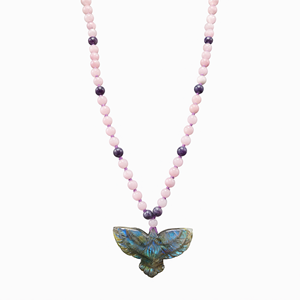 Collier Mala en perles de Kunzite et Lepidolite avec pendentif Phénix en Labradorite - Embrassez la transformation et l'équilibre intérieur - Product Image 2