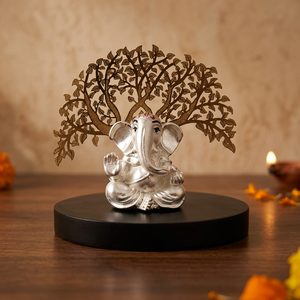 Arbre en métal doré artisanal avec statue de Ganesh assis, petite décoration religieuse pour la maison, le temple, les mariages et les événements festifs - Product Image 1