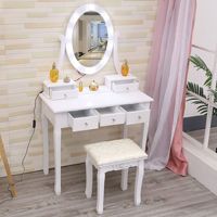 Coiffeuse blanche simple de style européen avec 5 tiroirs, miroir LED, pieds en bois massif et tabouret pour chambre à coucher