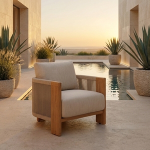 Sillón de Exterior de Teca Natural, Muebles de Ratán Duraderos con Cojín Impermeable para Hoteles Boutique y Terrazas de Villas - Product Image 1