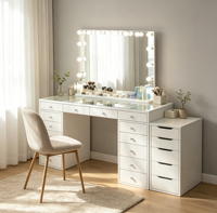 Table de toilette Voxhome avec plateau en verre blanc, miroir éclairé, armoire latérale, table à coiffeuse multi-tiroirs pour chambre à coucher, salon, meubles