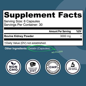 180 Cápsulas OEM de Polvo de Riñón Bovino Liofilizado de Animales Alimentados con Pasto, Sin GMO, Sin Rellenos, Suplemento Dietético para Dieta Carnívora - Product Image 2
