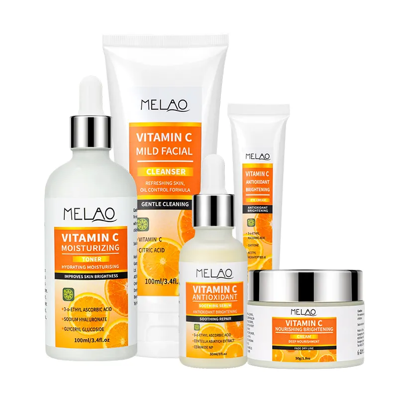 OEM Private Label Vitamin C Mild Face Wash Women Anti-aging Antioxidant Soothing Serum Brightening Eye Cream Skin Care Set
