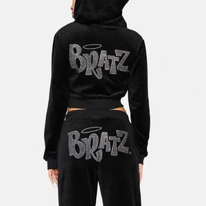 <span class=keywords><strong>Ensemble</strong></span> deux pièces en <span class=keywords><strong>velours</strong></span> corail pour femmes, sweat-shirt à capuche avec lettres et strass, style streetwear hip-hop décontracté, fermeture éclair, tenue de sport - Product Image 6