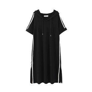 ชุดสเวตเชิ้ตแขนสั้นมีฮู้ดสำหรับผู้หญิงขนาดใหญ่พิเศษชุดเดรสสีดำยืดเอวสีทึบ N8106ต่อ - Product Image 3