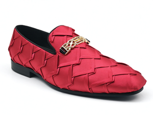 Mocasines de satén rojo para hombre, zapatos de vestir sin cordones con hebilla de cadena dorada, punta redonda, pintados a mano, para negocios, oficina, bodas y fiestas. - Product Image 3