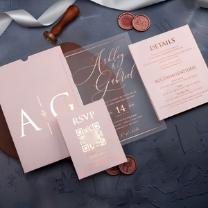 Juego de Invitaciones de Boda de Acrílico Color Oro Rosa de Lujo con Tarjeta RSVP con Código QR, Sobre Color Rosa Empolvado y Sello de Cera Premium - Product Image 1
