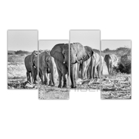Ensemble de 4 tableaux modernes peints à l'huile sur toile, 40x60cm, représentant l'harmonie et la force de la nature lors d'une migration d'éléphants