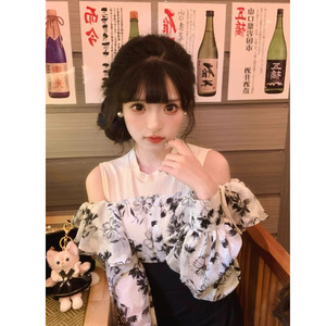 Japanese Style Ink Floral Ruffle Patchwork Dress Off-Shoulder Tight Waist Party Casual Dress - Product Image 3