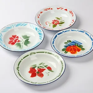 Bol et assiettes en émail épais avec couvercle, motif floral décoratif, pour cuisine nostalgique, 14-26 cm - Product Image 1