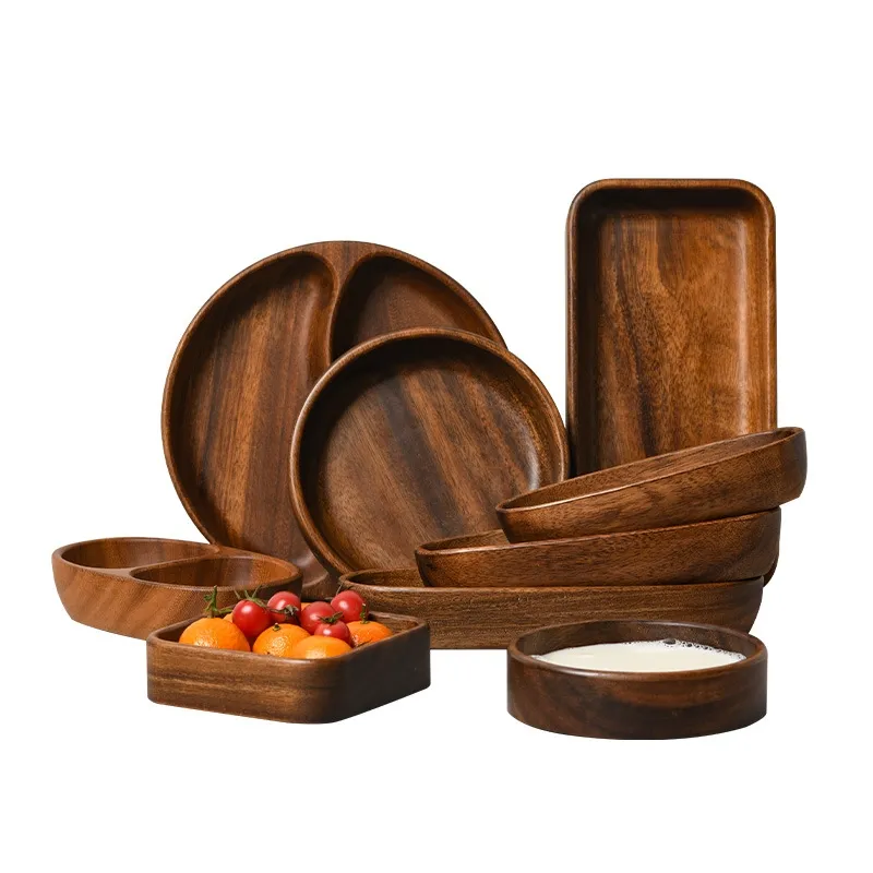 Newell-plato redondo de madera de Acacia para comida, plato de madera sólida para fruta, venta al por mayor