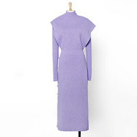 Nouvelle arrivée du printemps, robe en deux pièces en tricot formelle pour femmes, style A-ligne, mi-longue, avec manches longues et col montant