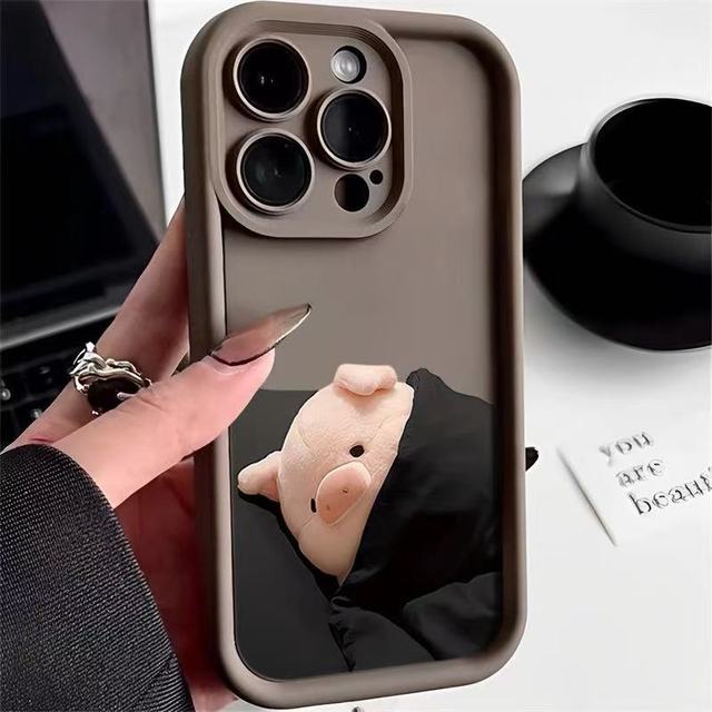 Cute Pig Doll Print Ladder Lens Style Shockproof TPU Mobile Phone Cover Case for Iphone X Xr Xs 11 12 13 14 15 16 17 18 Pro Max