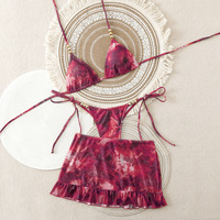Set Baju Renang dan Rok Dua Warna dengan Detail Ikat, Bikini Thong 3 Potong, Ukuran S-L
