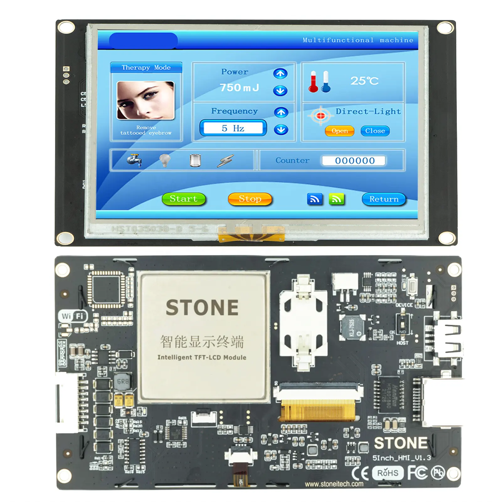 STONE 5 inch Sunlight Readable TFT LCD Screen 4 Wire Resistive Touch Panel