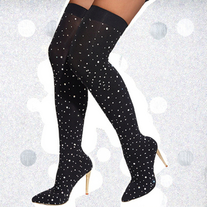 Botas de tacón alto para mujer, elegantes y a la moda, con diamantes de imitación, por encima de la rodilla, con cremallera, suela de goma, punta en pico y tacón fino. - Product Image 3
