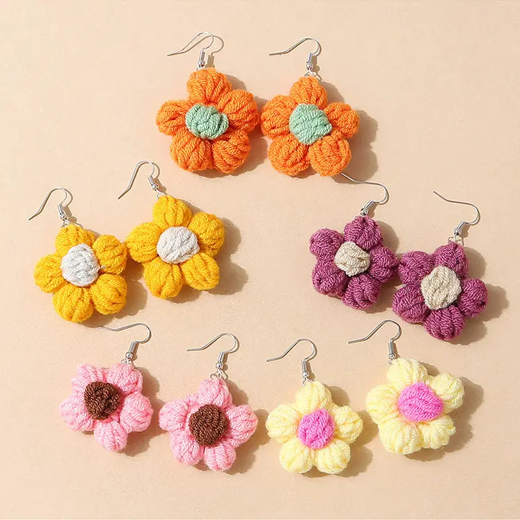New Arrival Beach Holiday Colorful wool flower earrings Lovely handmade crochet flower earrings