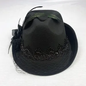 Sombrero Fedora de bombín con decoración de flores para mujer, sombrero con velo, ala flexible, fieltro, gorra de fiesta para iglesia, 1920s Vintage, elegante sombrero fascinador pequeño