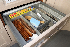 Cajón organizador cuchara escritorio dibujar bandeja <span class=keywords><strong>de</strong></span> <span class=keywords><strong>cubiertos</strong></span> extensible <span class=keywords><strong>cocina</strong></span> gris plástico varios Pvc cartón solo gris cuadrado moderno - Product Image 4
