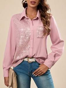 Camicetta Sexy da donna a manica lunga <span class=keywords><strong>con</strong></span> decorazione <span class=keywords><strong>con</strong></span> <span class=keywords><strong>paillettes</strong></span> sulla parte anteriore camicette da donna a tinta unita <span class=keywords><strong>con</strong></span> bottone anteriore - Product Image 3