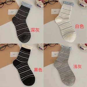 Women Striped Slouch <b>Socks</b> Mid Calf Breathable Sweat Absorbing Polyester Fiber Korean Style - Product Image 3
