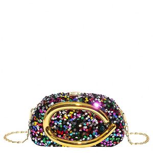 Fashionable European Lady's Evening Clutch <b>Bag</b> with Chain Decoration and Lock Closure. <b>Sequin</b> Material Handled Beach Ready. - Product Image 1