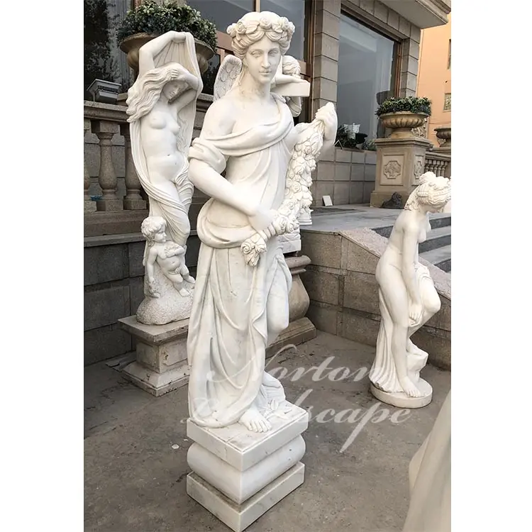 Outdoor garden decorative stone sculpture figure statue white marble statue of woman holding flowers