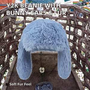 Gorro de invierno Y2K con orejas de conejo divertidas y lindas, cálido, de peluche suave, color caramelo, con letras, para uso en negocios y playa - Product Image 2