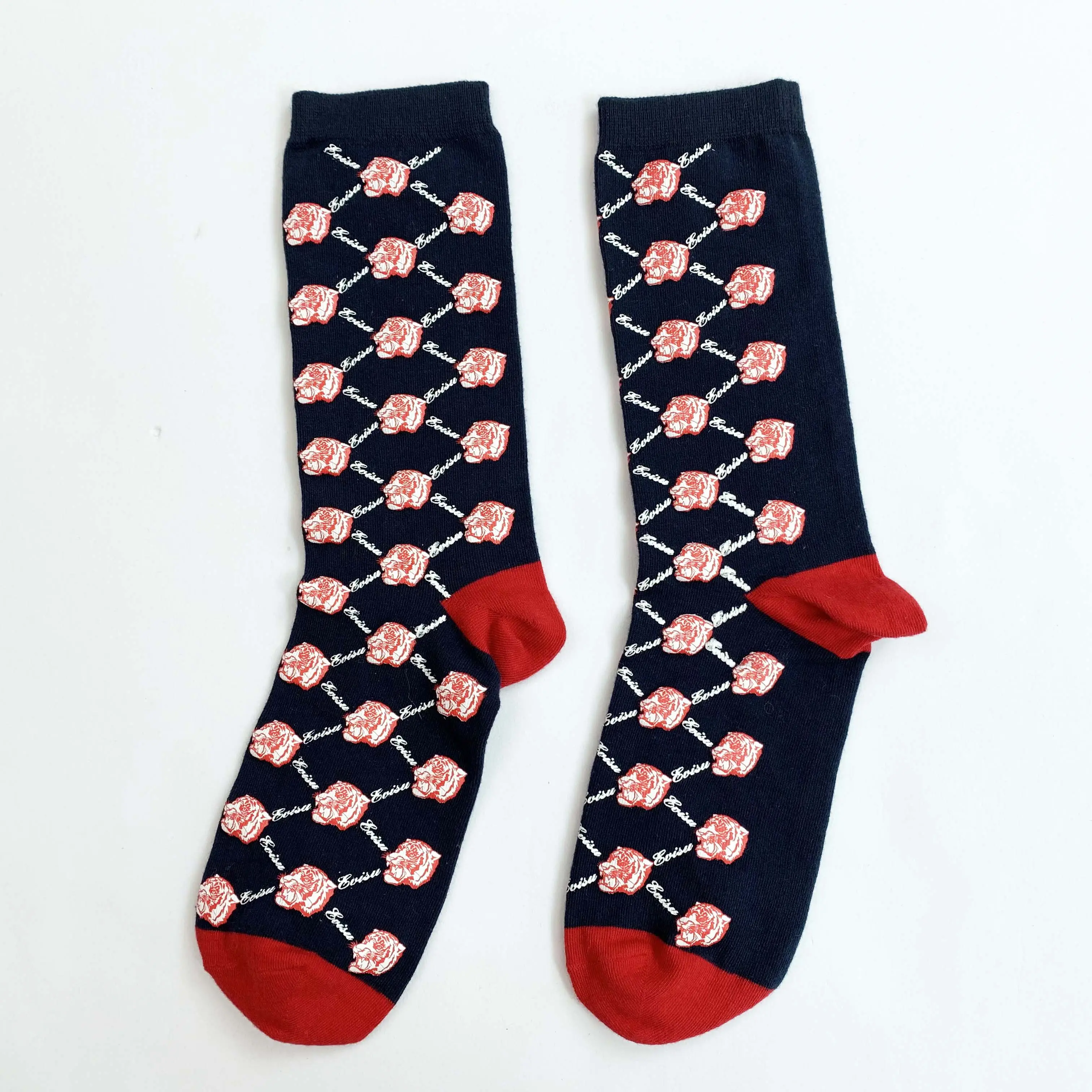 Manufacture Red Black Color Striped Casual Sock Cotton Soft Crew Custom Logo Embroidery Flower Women Men Socks