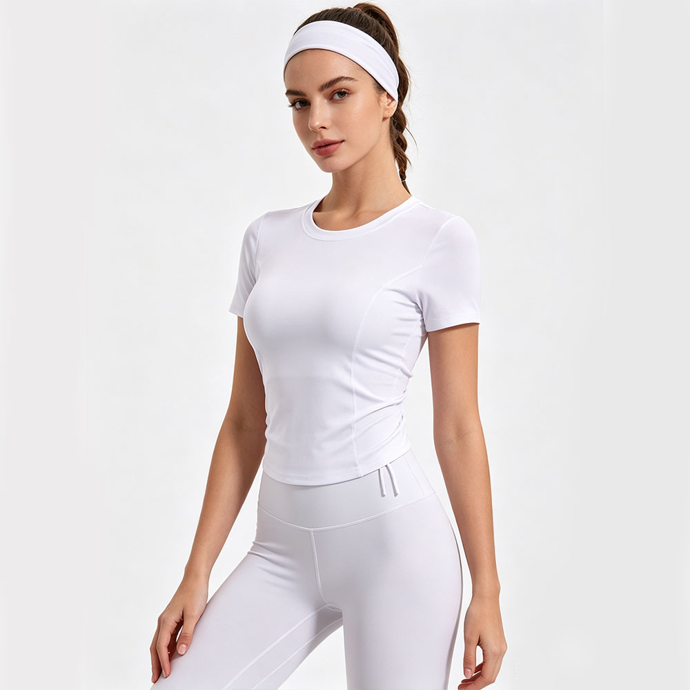 AMCLEVER 220gsm Women's Back Cutout Yoga Top Drawstring Ruffle Design Breathable Gym & Pilates Wear Slim Fit Fitness Shirt