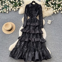 Robe en jean élégante pour femme, rouge, à sequins, à volants, à manches longues, à col, longueur cheville, pour les occasions de soirée