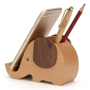 Creative Wooden Crafts Cute Elephant Pen Holder Multi-function Cell Phone Stand Desktop Decoration Wood Crafts Gift