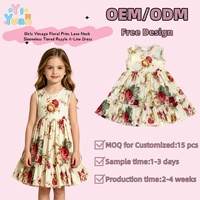 Robe de fête pour filles, douce et respirante, style rustique, imprimé floral crème rose, à volants superposés, sans manches, support OEM ODM