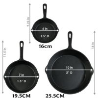 3 buah Set peralatan masak besi cor, Set panci penggorengan datar, Set wajan penggorengan tugas berat